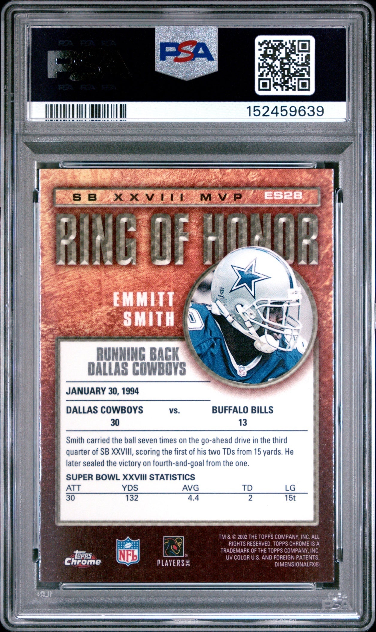 Emmitt Smith 2002 Topps Chrome Ring of Honor PSA 9 Cowboys back