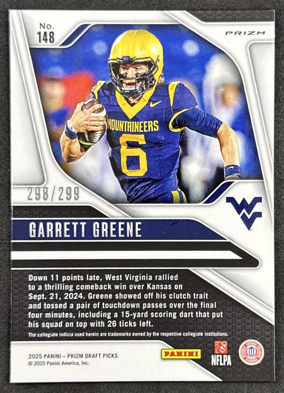 Garrett Greene 2025 Panini Prizm Draft Picks Blue Wave /299 Mountaineers back