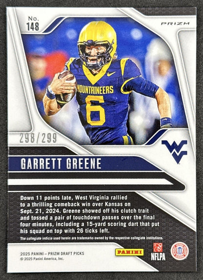 Garrett Greene 2025 Panini Prizm Draft Picks Blue Wave /299 Mountaineers back