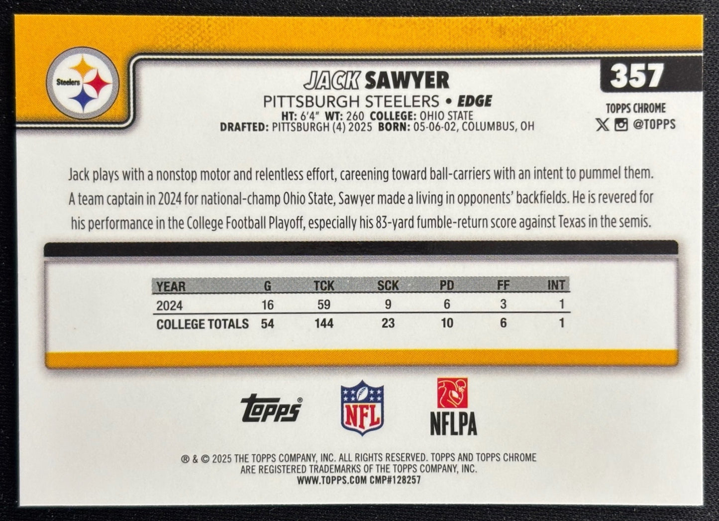 Jack Sawyer 2025 Topps Chrome Rookie Steelers Sports Trading Cards