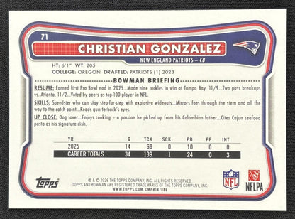 Christian Gonzalez 2026 Bowman NFL Green /99 Patriots Sports Trading Card