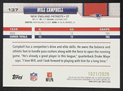 Will Campbell 2026 Topps Gold /2026 Patriots