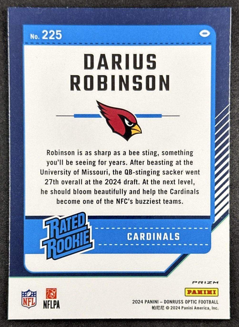 Darius Robinson 2024 Panini Donruss Optic Blue Hyper Cardinals Back