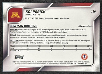 Koi Perich 2025 Chrome University Prospects Black & White Stealth Refractor /48 Golden Gophers Sports Trading Cards