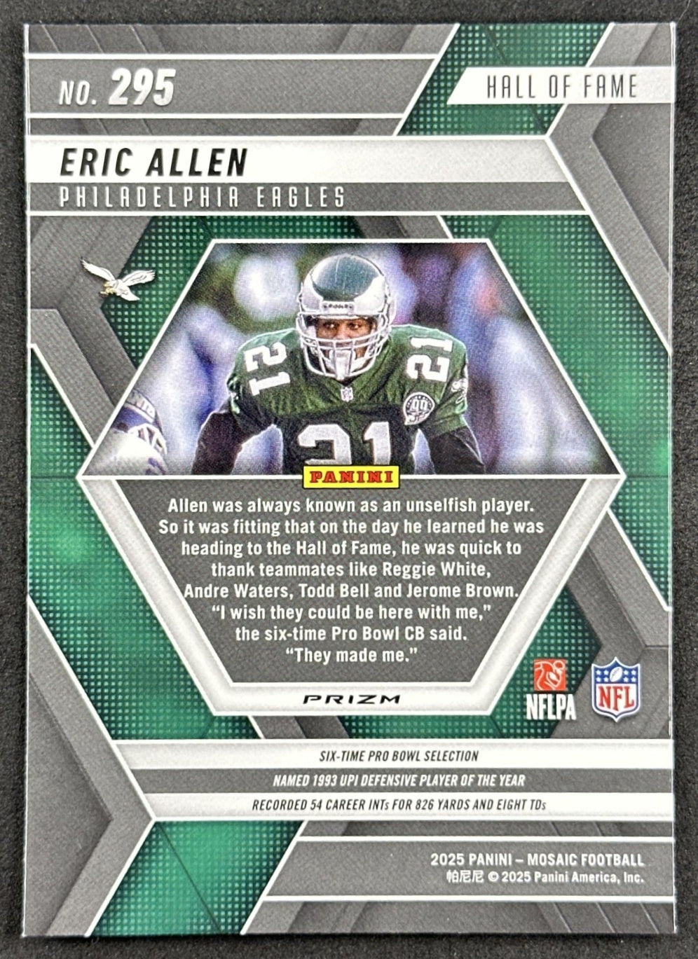 Eric Allen 2025 Panini Mosaic Hall of Fame Green Prizm Eagles Back