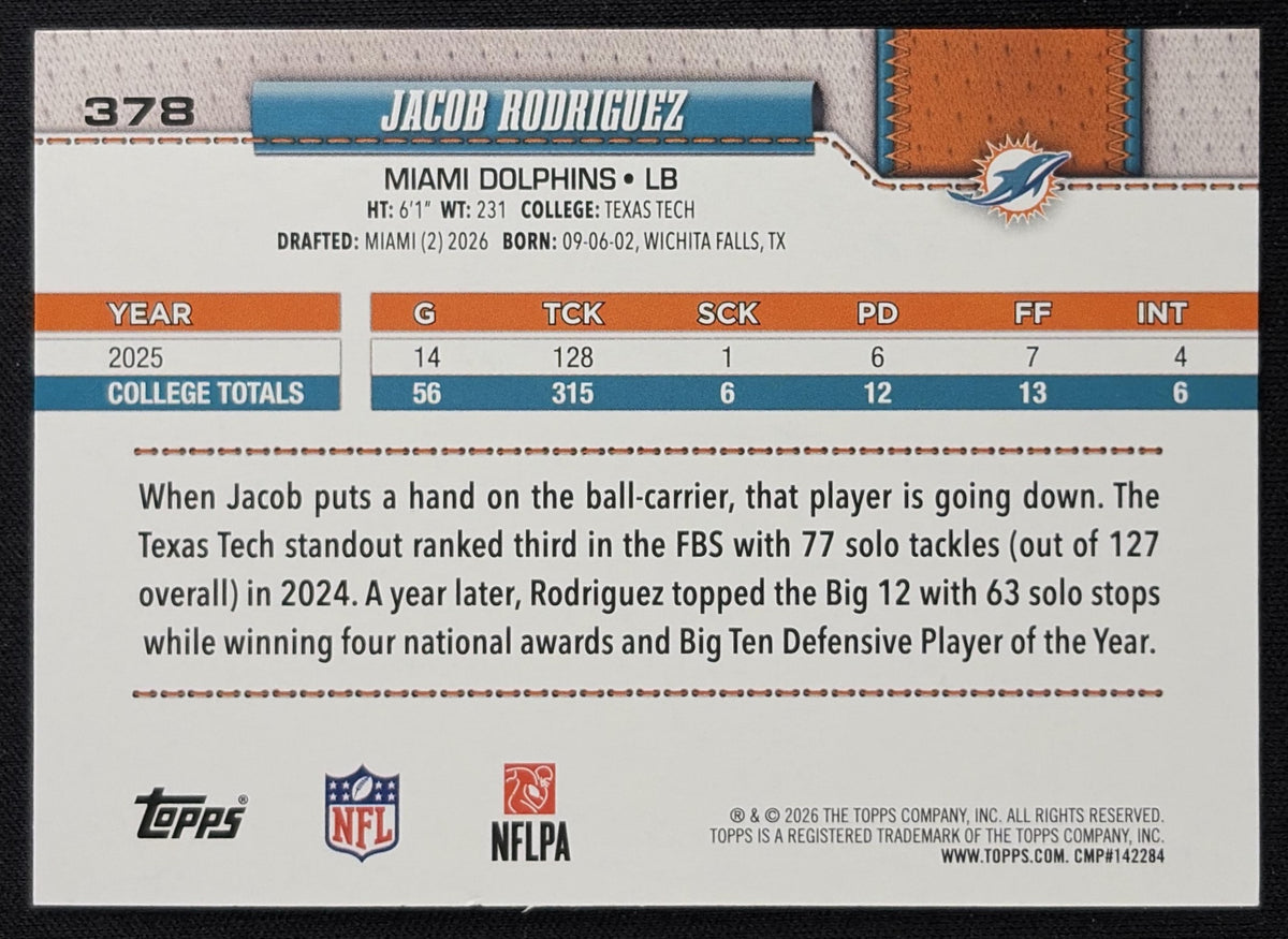 Jacob Rodriguez 2026 Topps Fanatics Foil Dolphins Miami Dolphins Sports Trading Card