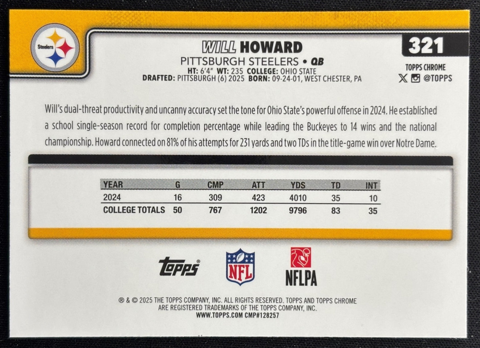 Will Howard 2025 Topps Chrome Rookie Steelers Sports Trading Cards