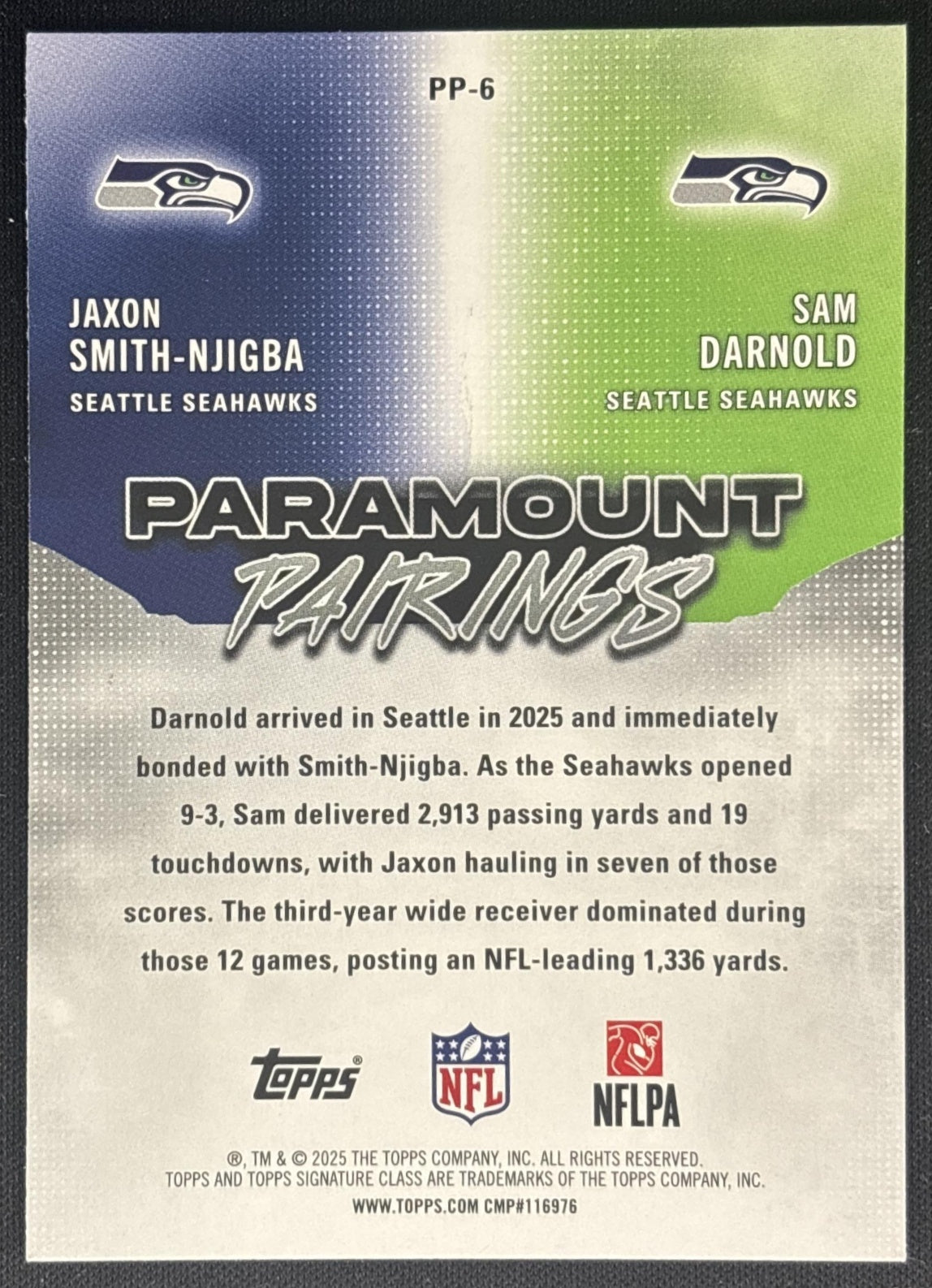 Sam Darnold Jaxon Smith-Njigba 2025 Signature Class Paramount Pairings Seahawks back
