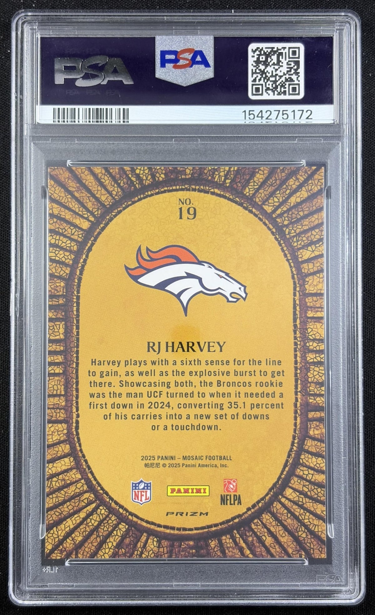 RJ Harvey 2025 Panini Mosaic Micro Mosaic PSA 10 Broncos