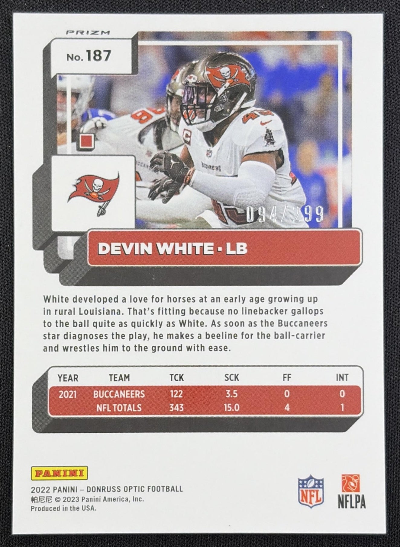 Devin White 2022 Panini Donruss Optic Aqua /299 Buccaneers back