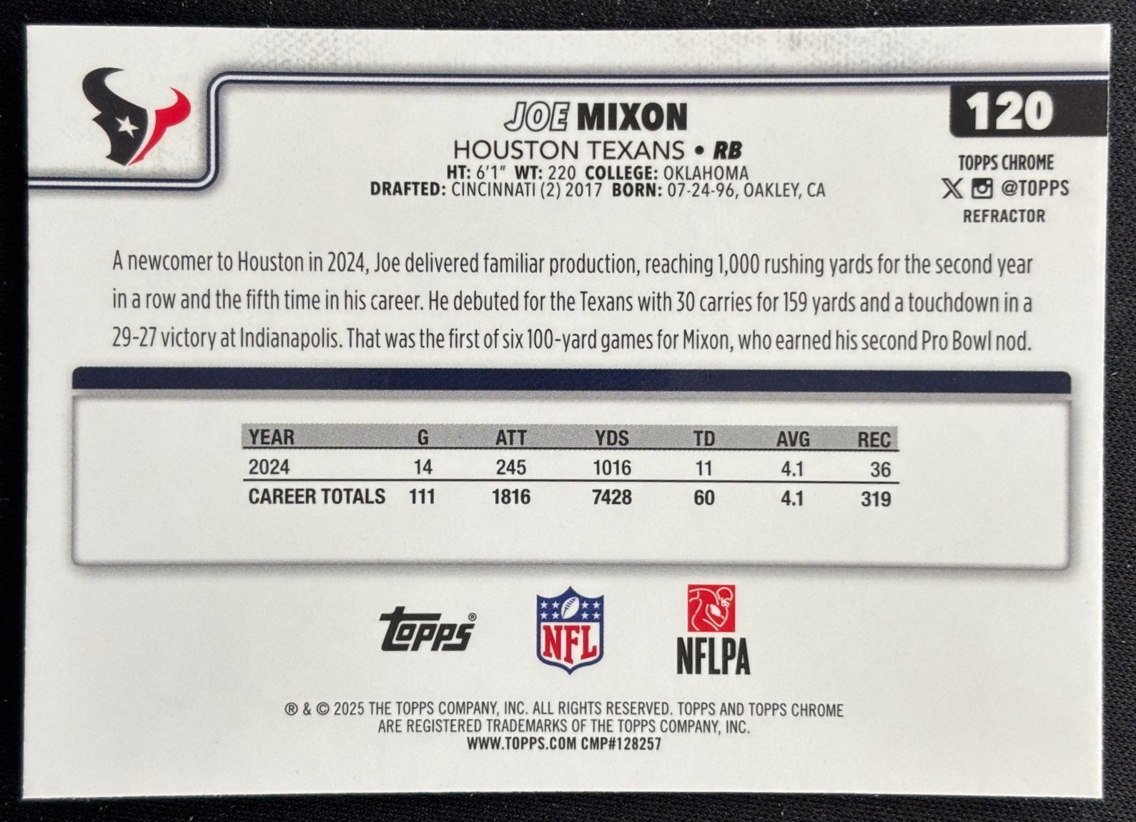 Joe Mixon 2025 Topps Chrome Refractor Texans Football