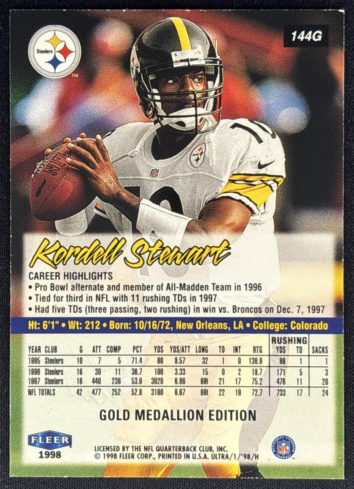 Kordell Stewart 1998 Fleer Ultra Gold Medallion Steelers Back