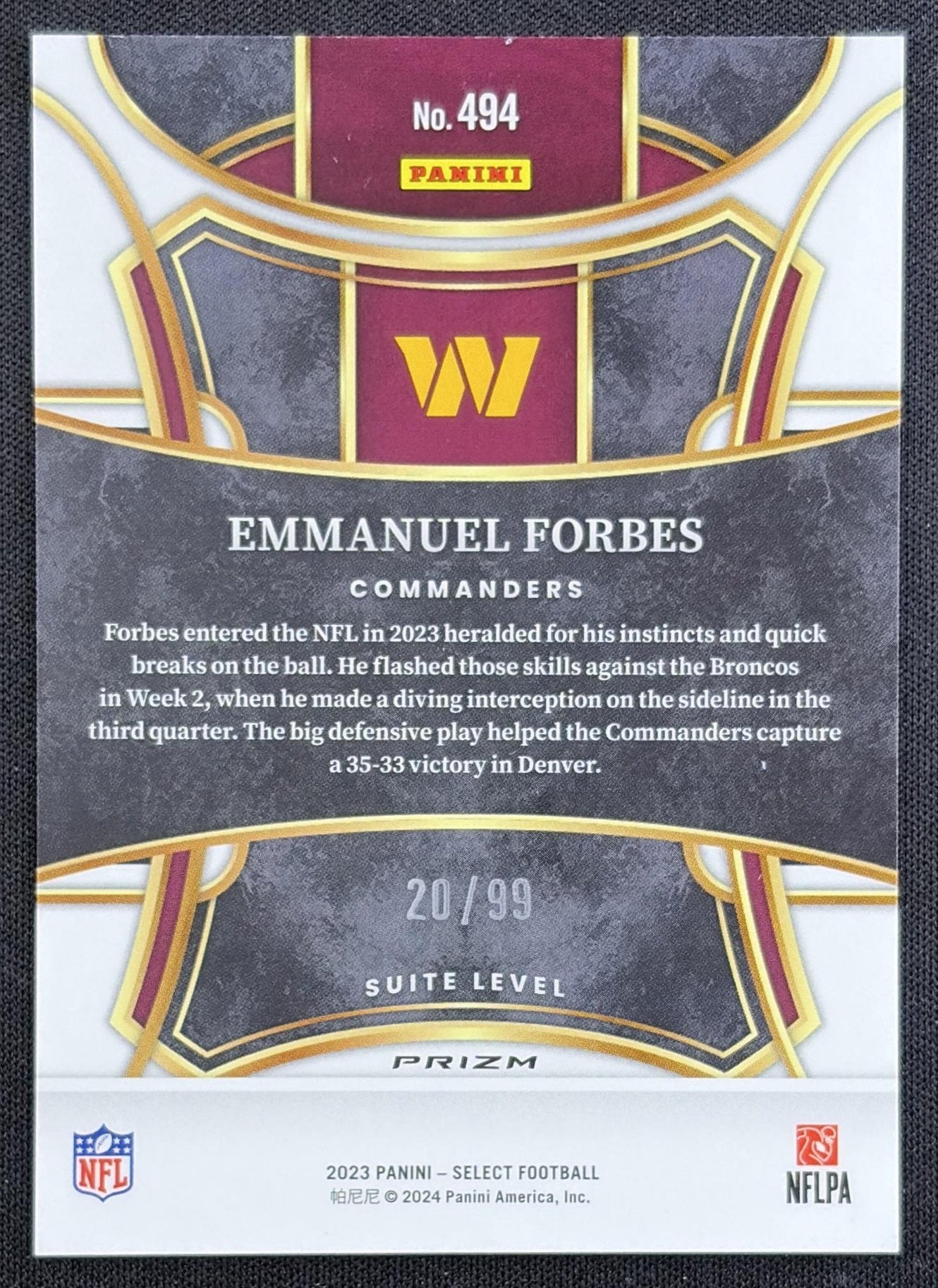 Emmanuel Forbes 2023 Panini Select Blue Prizms /99 Commanders