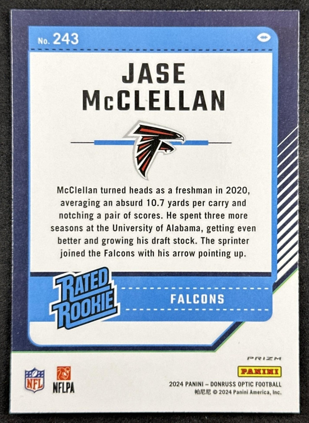 Jase McClellan 2024 Panini Donruss Optic Green Velocity Falcons Back