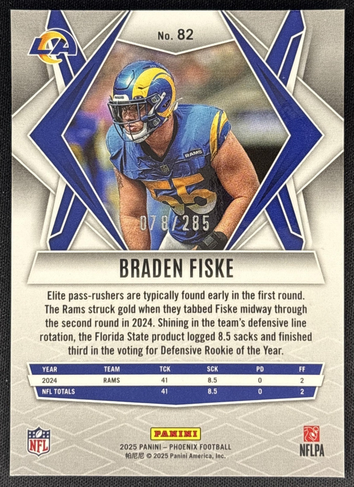 Braden Fiske 2025 Panini Phoenix Lime Green Pyramids Prizm /285 Rams back