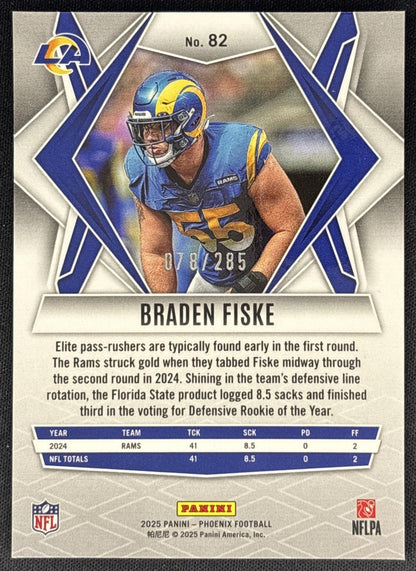 Braden Fiske 2025 Panini Phoenix Lime Green Pyramids Prizm /285 Rams back
