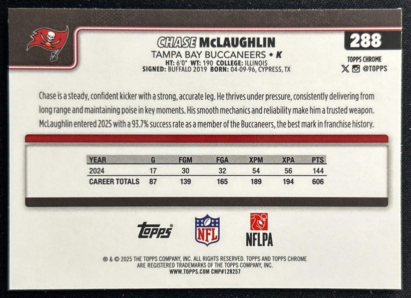 Chase McLaughlin 2025 Topps Chrome Buccaneers Sports Trading Cards