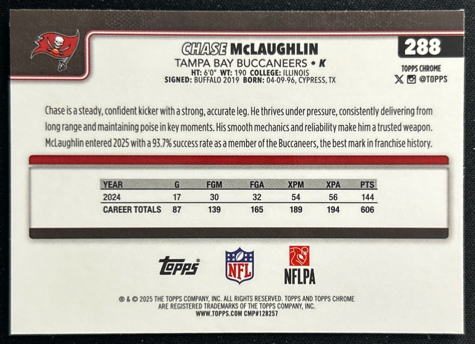 Chase McLaughlin 2025 Topps Chrome Buccaneers Sports Trading Cards