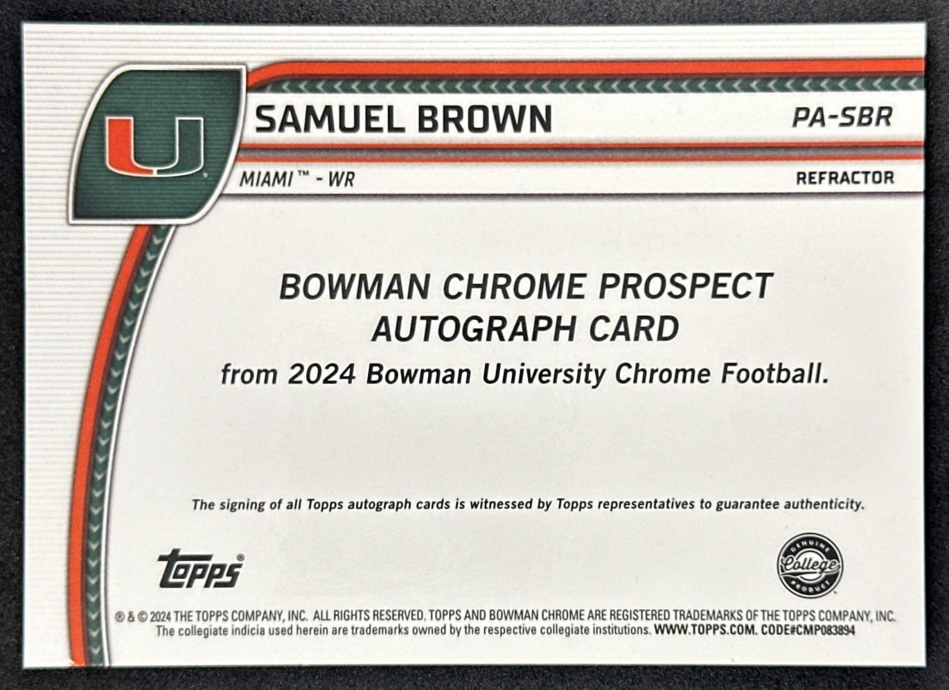 Samuel Brown 2024 Chrome University Prospect Auto Refractor /299 Hurricanes back