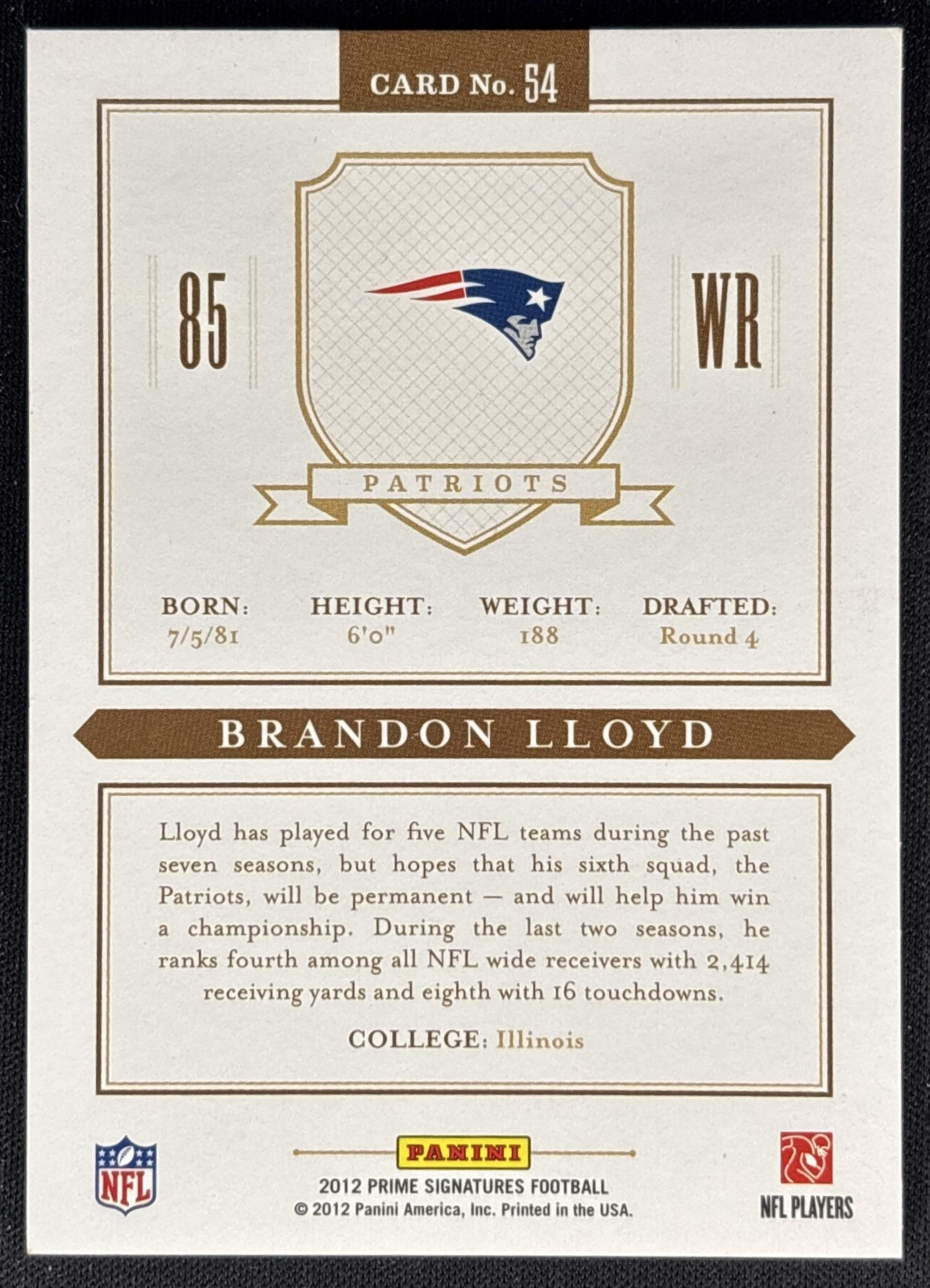 Brandon Lloyd 2012 Panini Prime Signatures /499 Patriots back