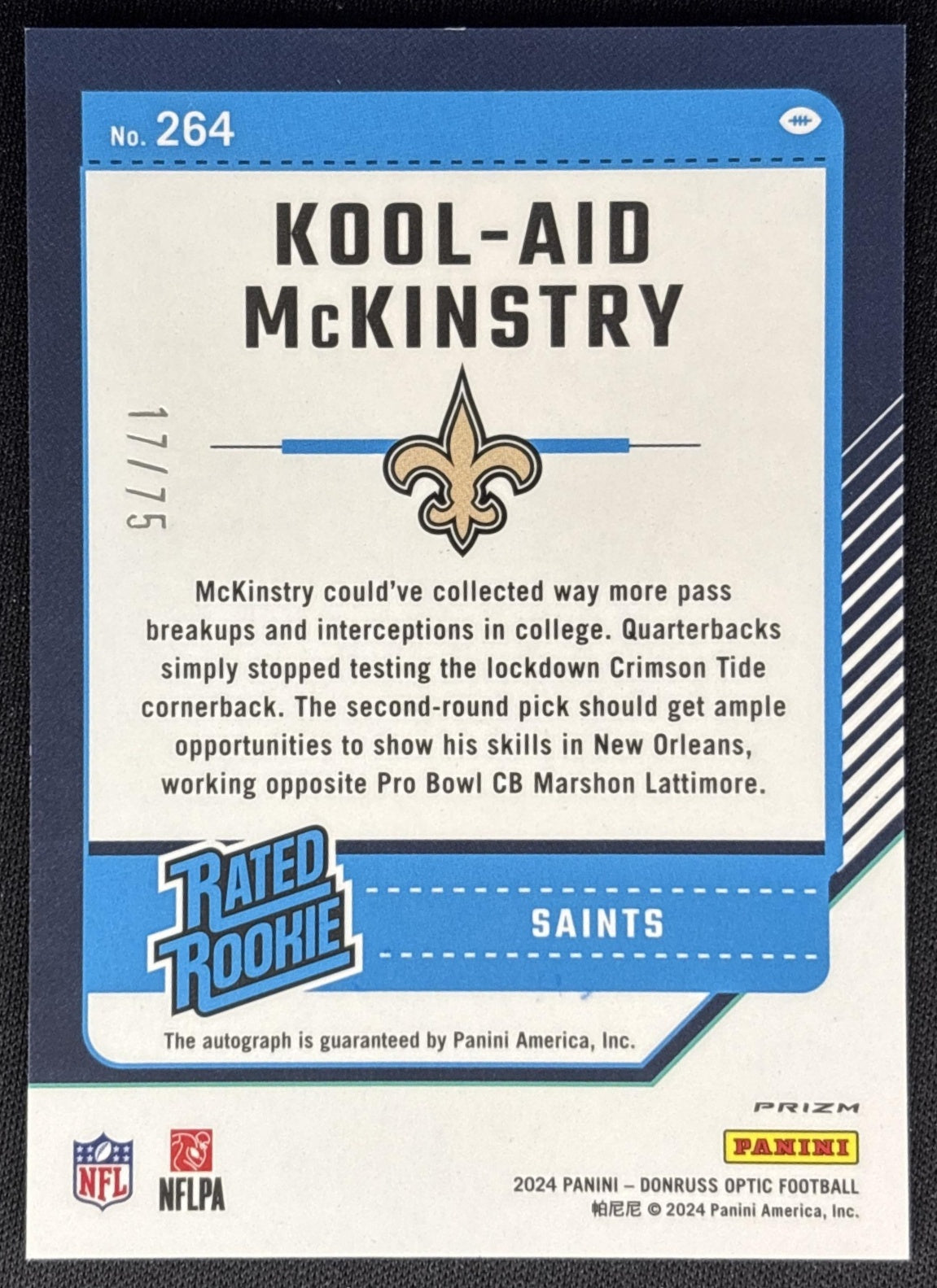 Kool-Aid McKinstry 2024 Donruss Optic Red Auto /75 Rookie Saints Sports Trading Cards