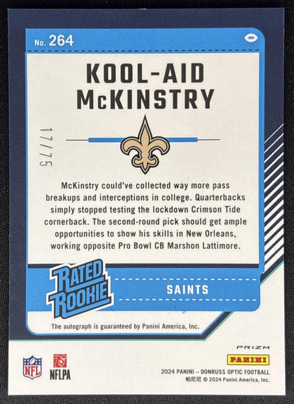 Kool-Aid McKinstry 2024 Donruss Optic Red Auto /75 Rookie Saints Sports Trading Cards