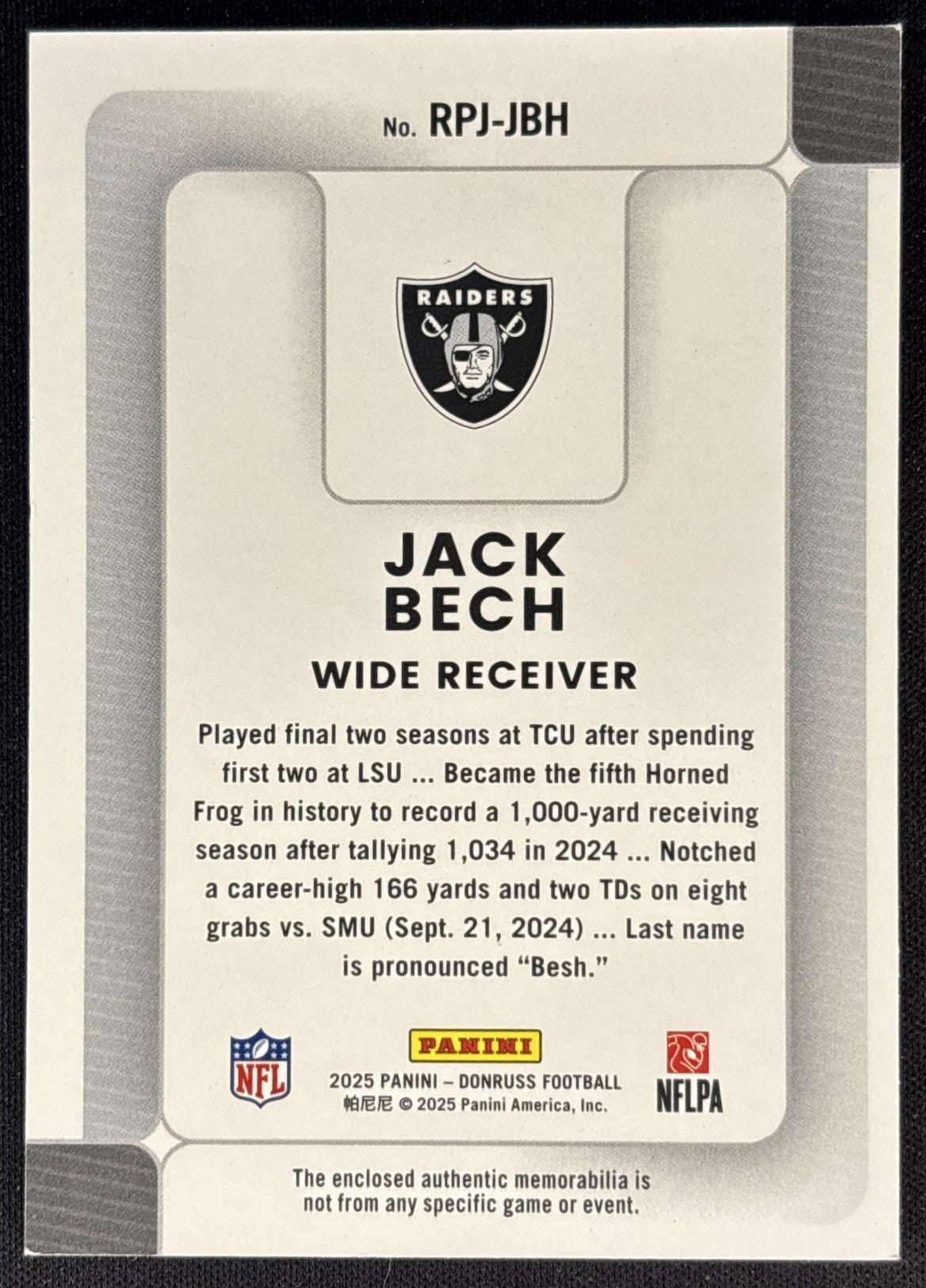 Jack Bech 2025 Panini Donruss Rookie Phenom Jerseys Raiders back
