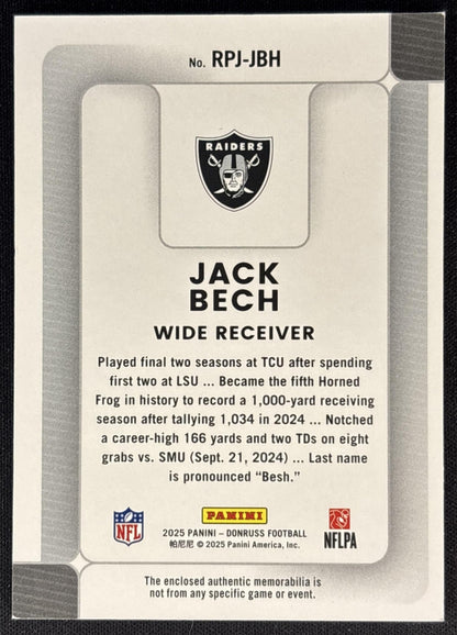 Jack Bech 2025 Panini Donruss Rookie Phenom Jerseys Raiders back