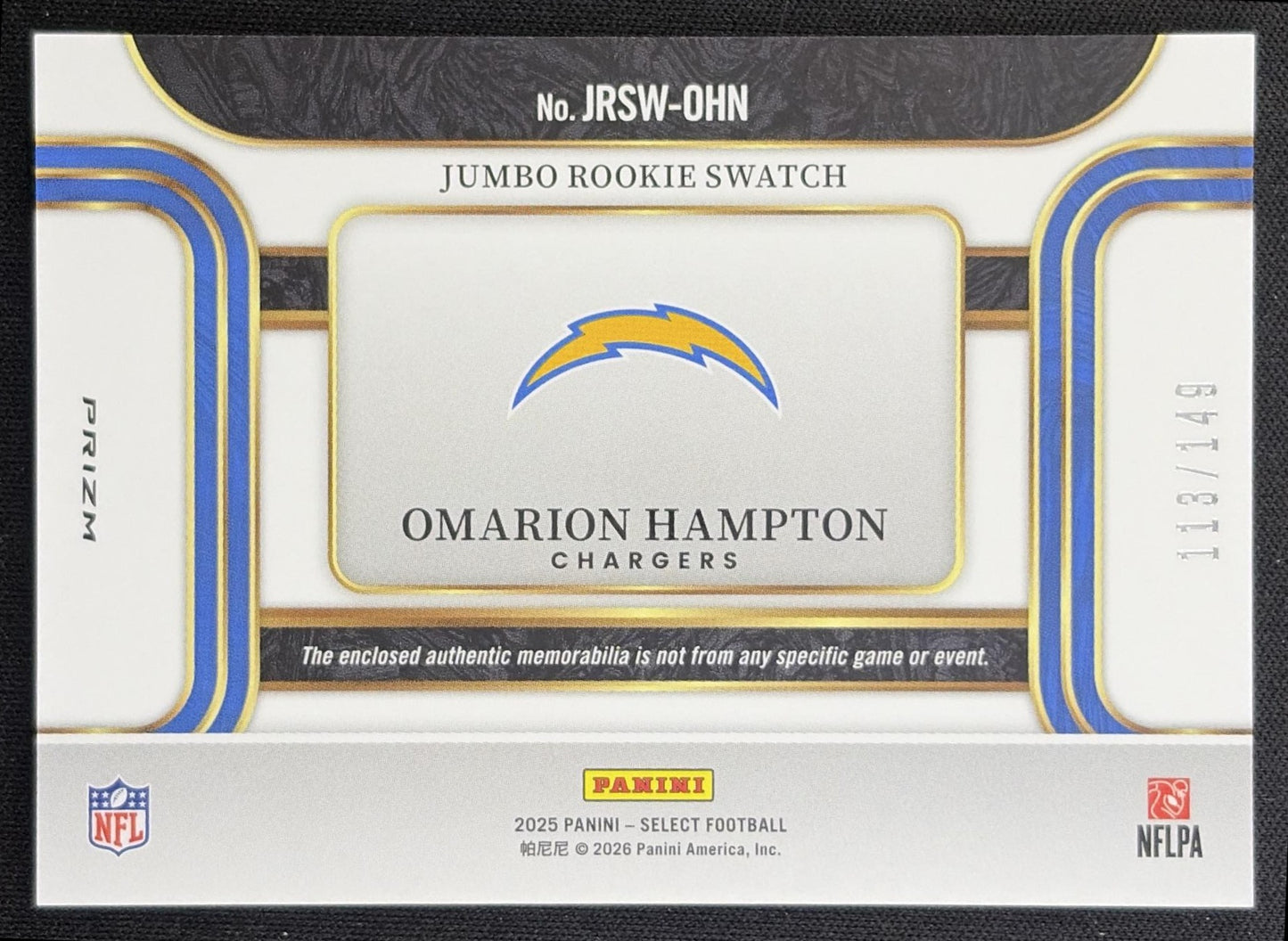 Omarion Hampton 2025 Panini Select Jumbo Rookie Swatch /149 Chargers