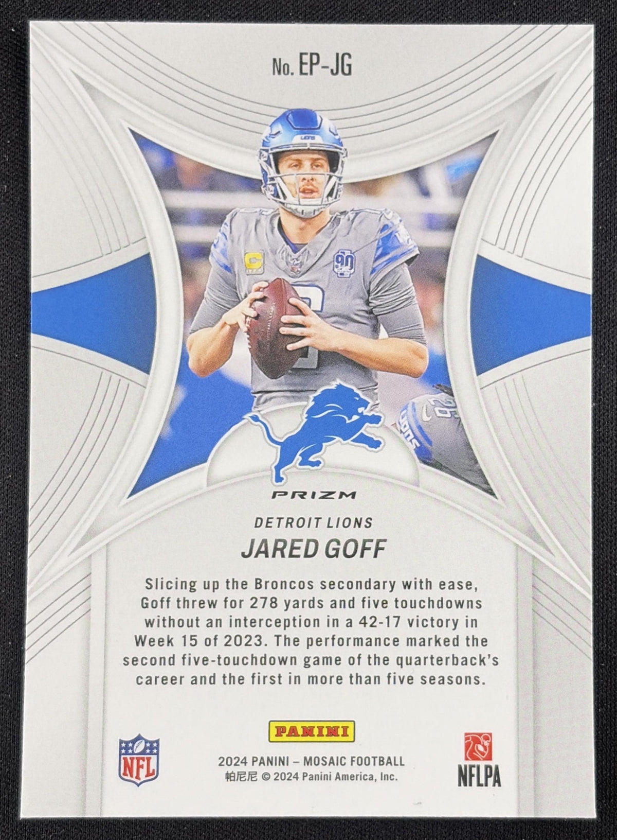 Jared Goff 2024 Panini Mosaic Epic Performers Green Lions Sports Trading Card