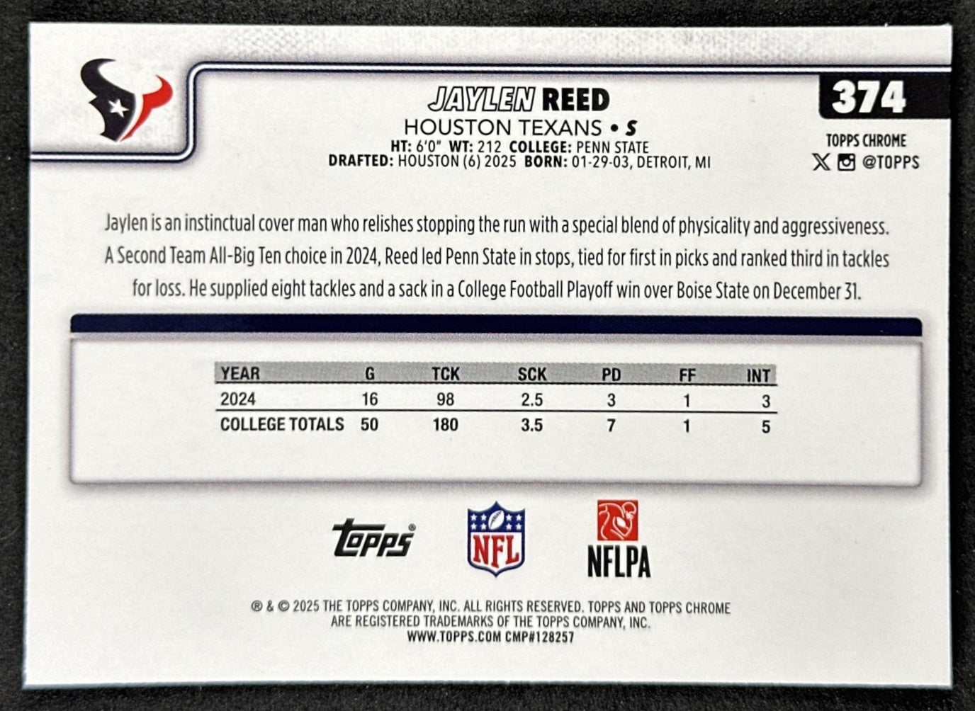 Jaylen Reed 2025 Topps Chrome Sapphire Texans