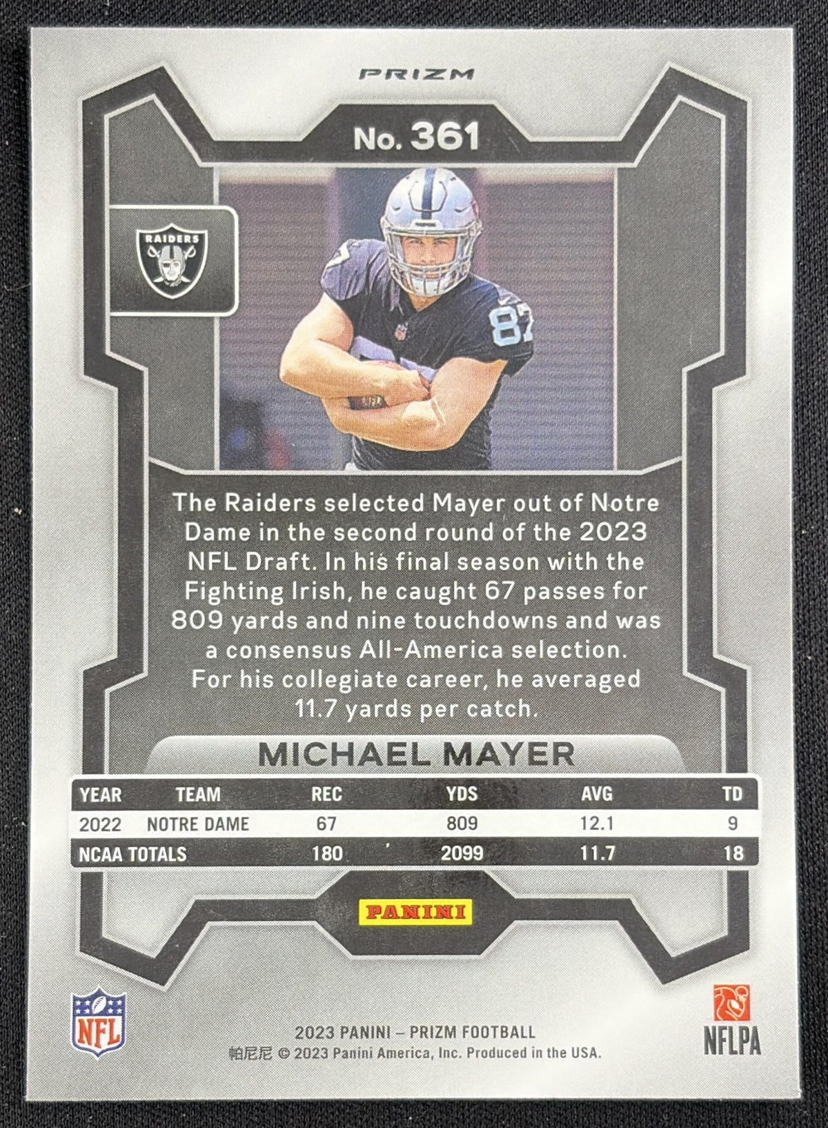 Michael Mayer 2023 Panini Prizm Silver Raiders Sports Trading Card