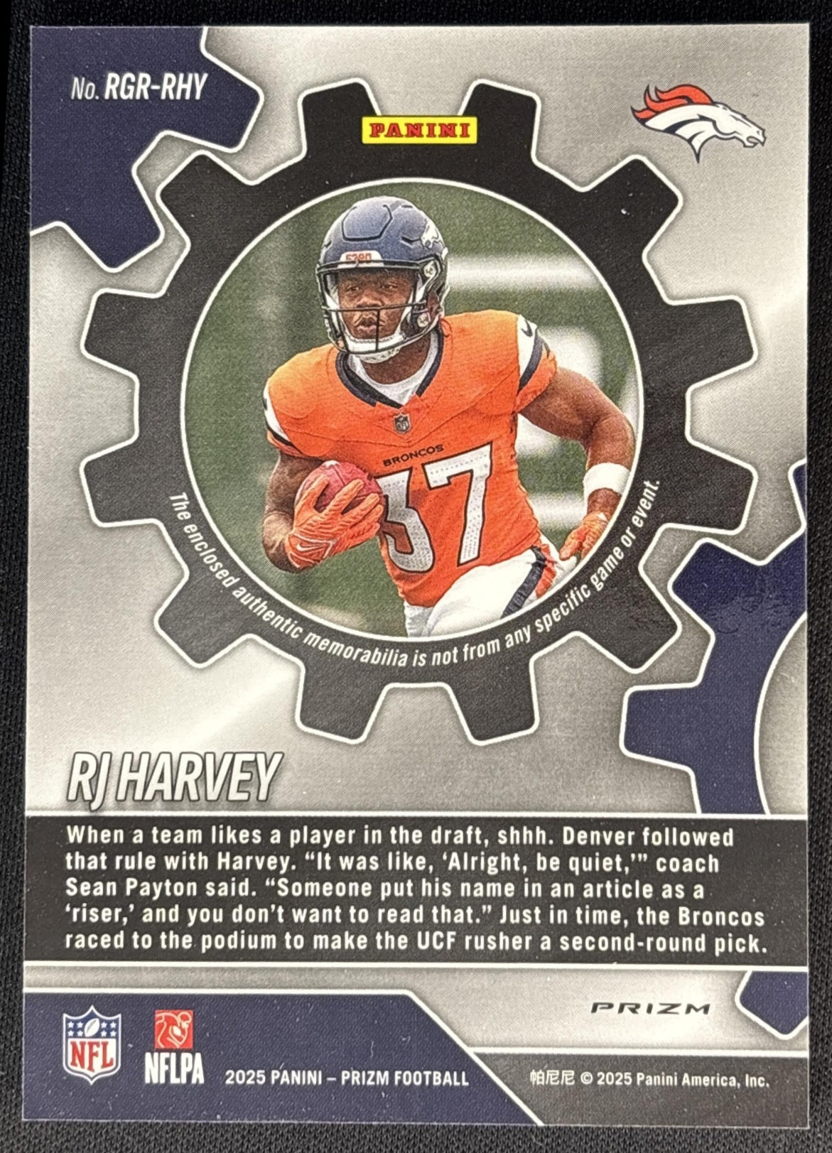 RJ Harvey 2025 Panini Prizm Rookie Gear Neon Green Pulsar Broncos