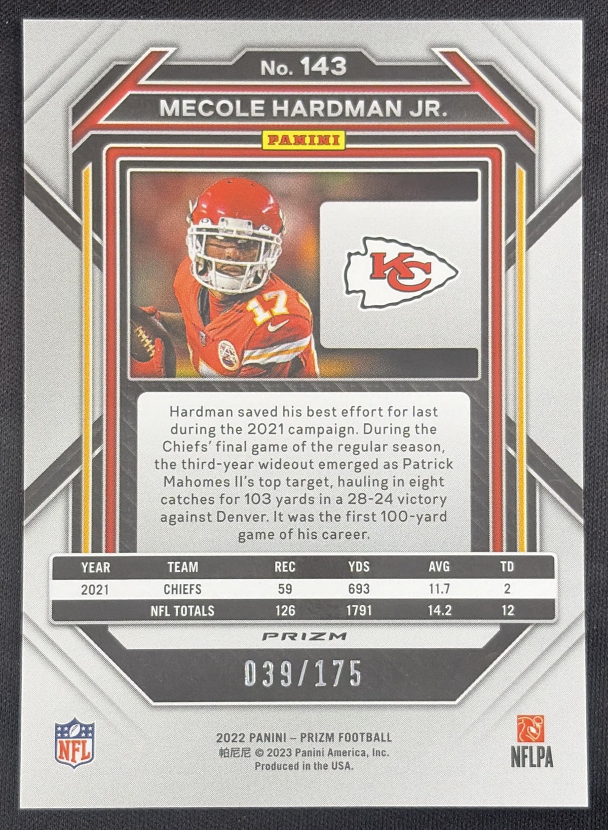 Mecole Hardman Jr. 2022 Panini Prizm Hyper /175 Chiefs Sports Trading Card