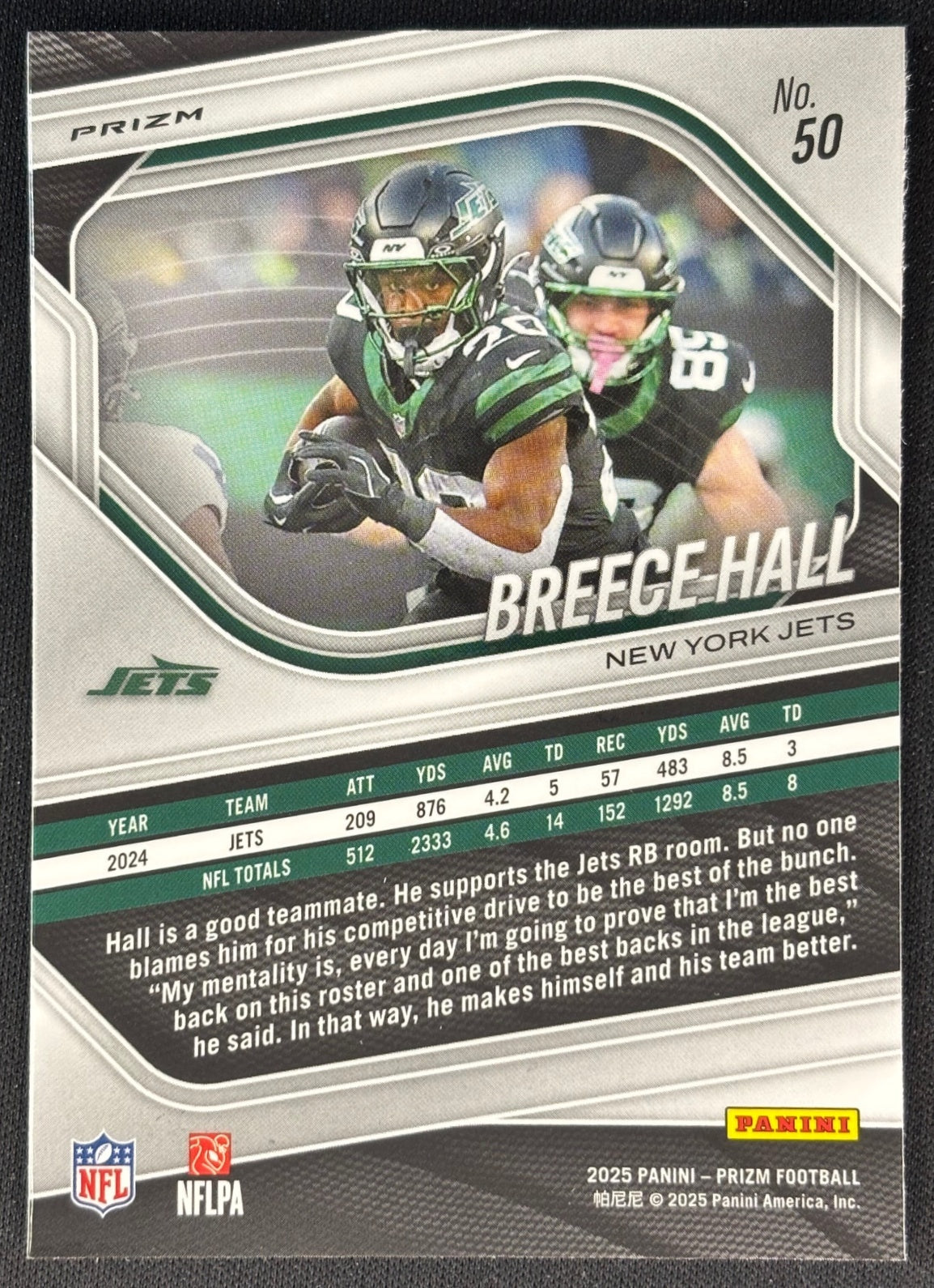 Back image of Breece Hall 2025 Prizm Purple Pulsar Jets