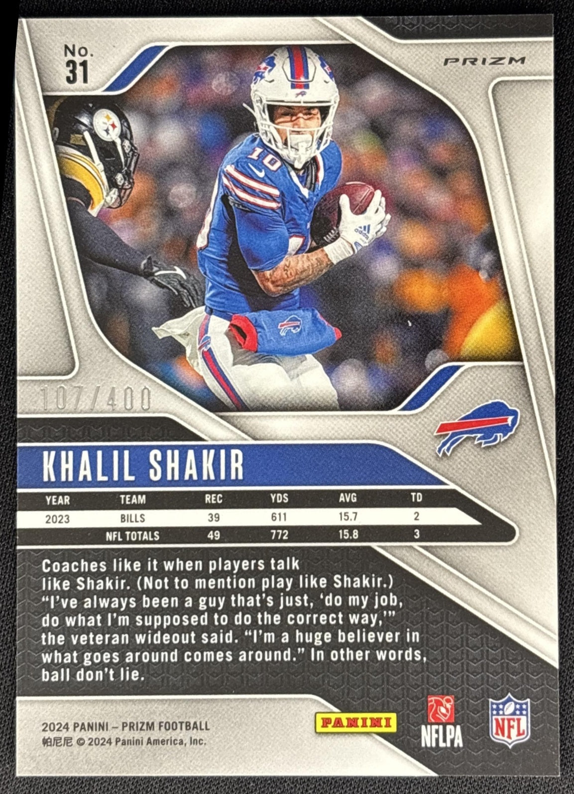 Khalil Shakir 2024 Panini Prizm Pandora /400 Bills back