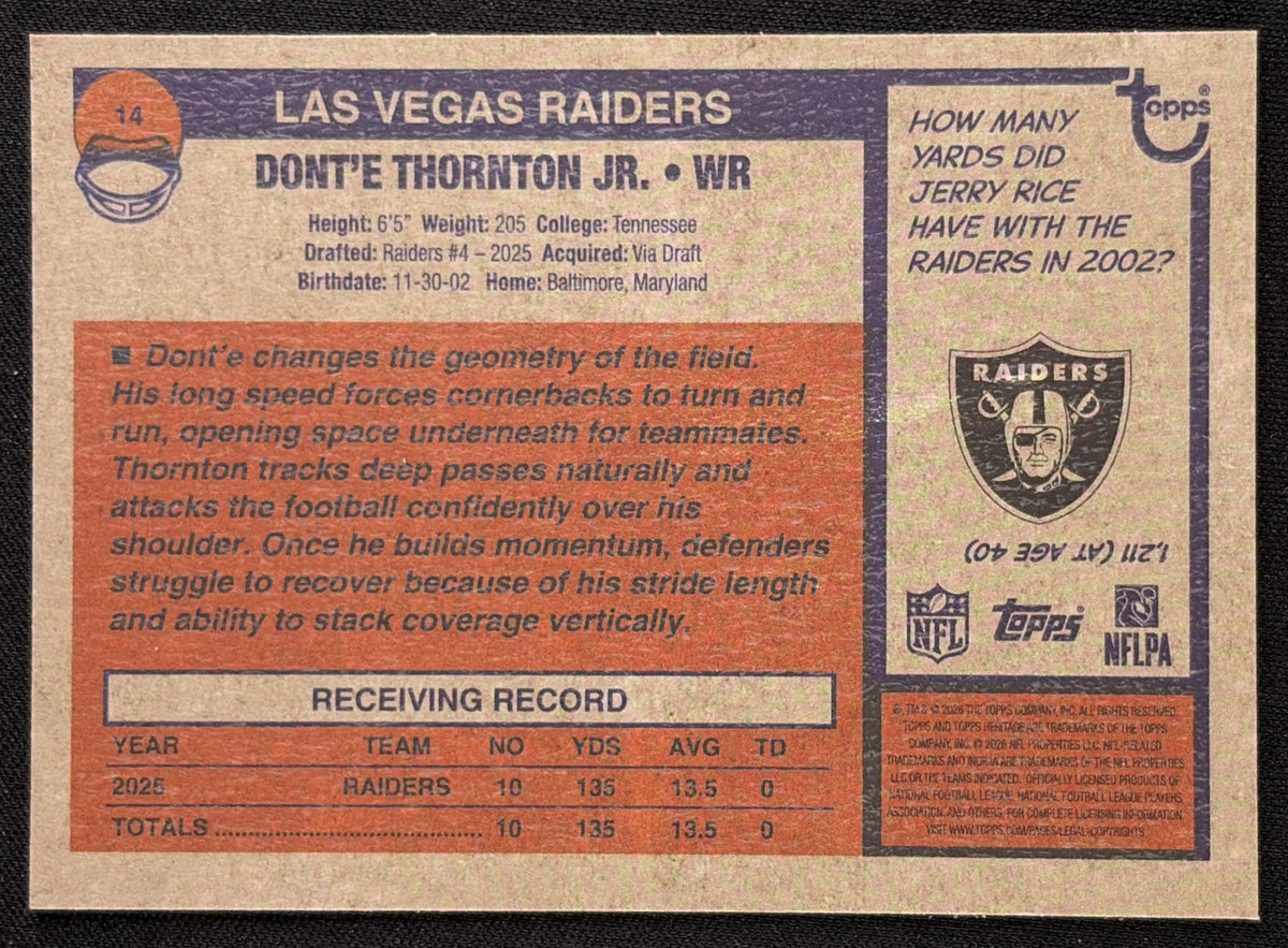 Dont'e Thornton Jr. 2026 Topps Heritage Chrome Pink Sparkle Raiders