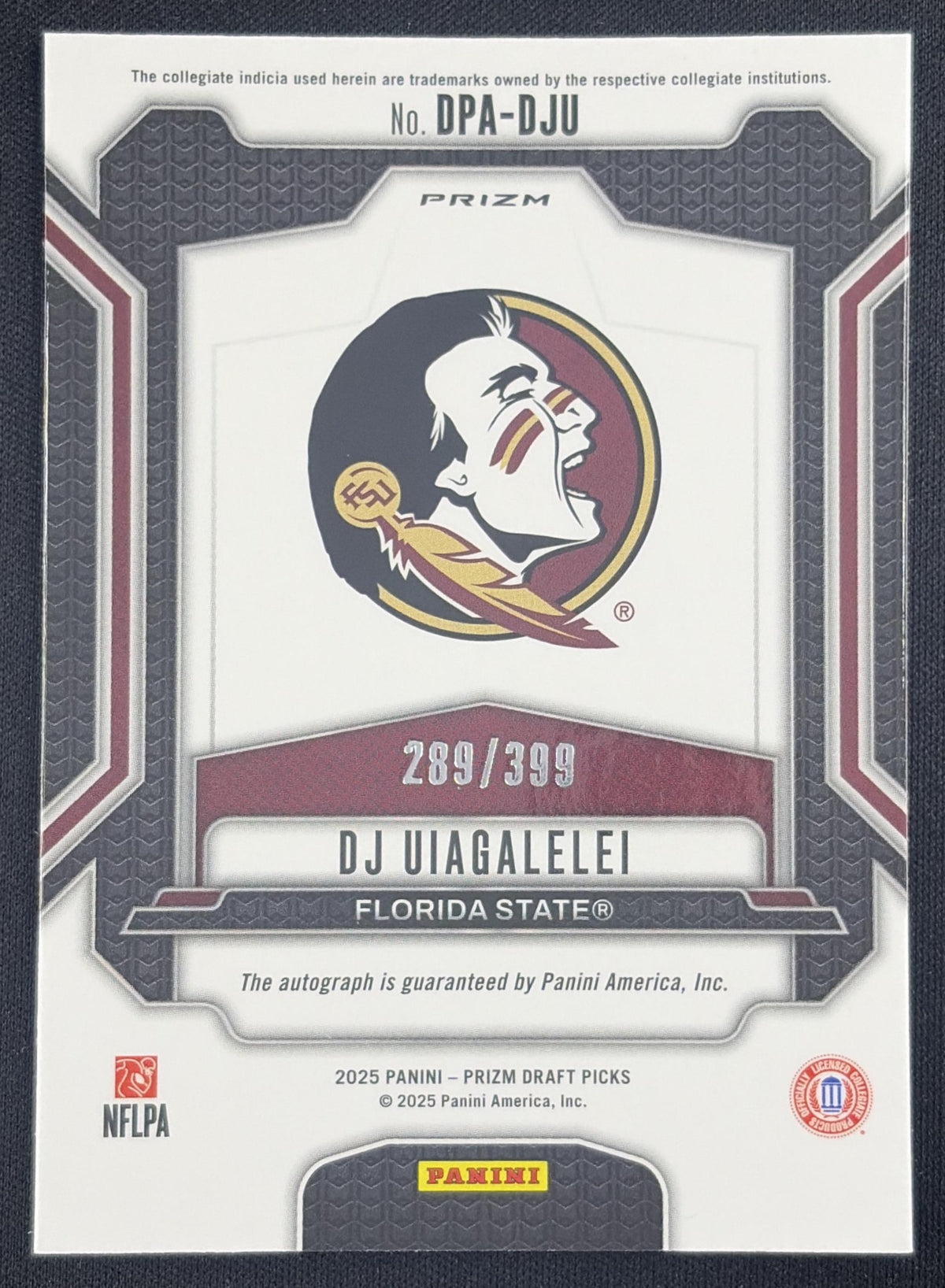 DJ Uiagalelei 2025 Panini Prizm Draft Picks Auto Red /399 Seminoles