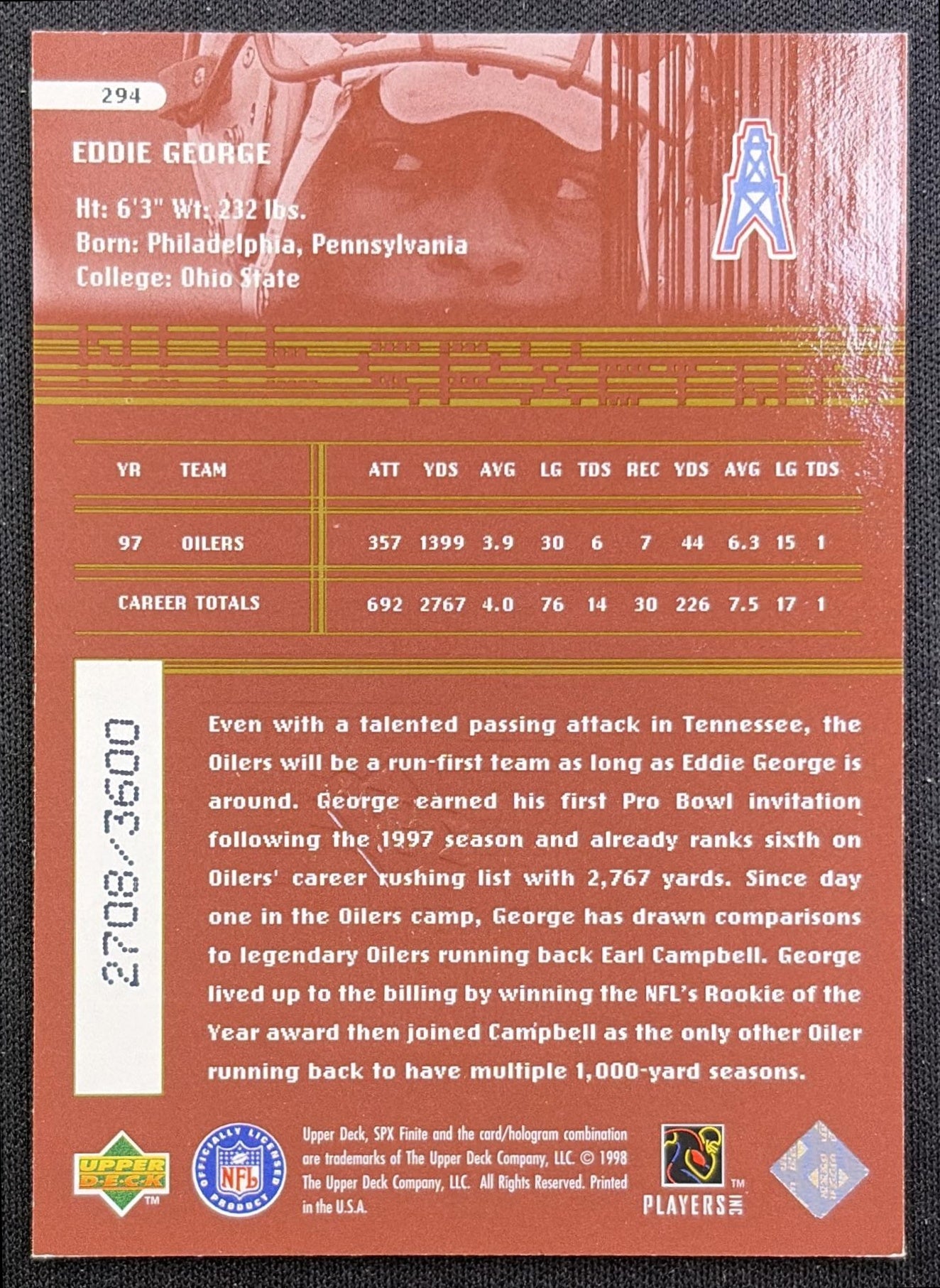 Eddie George 1998 SPx Finite Radiance /3600