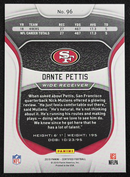 Dante Pettis 2019 Panini Certified Mirror Orange /199 49ers - Back