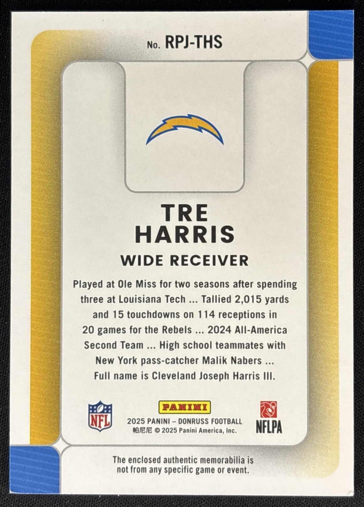 Tre Harris 2025 Panini Donruss Rookie Phenom Jerseys Chargers Sports Trading Cards