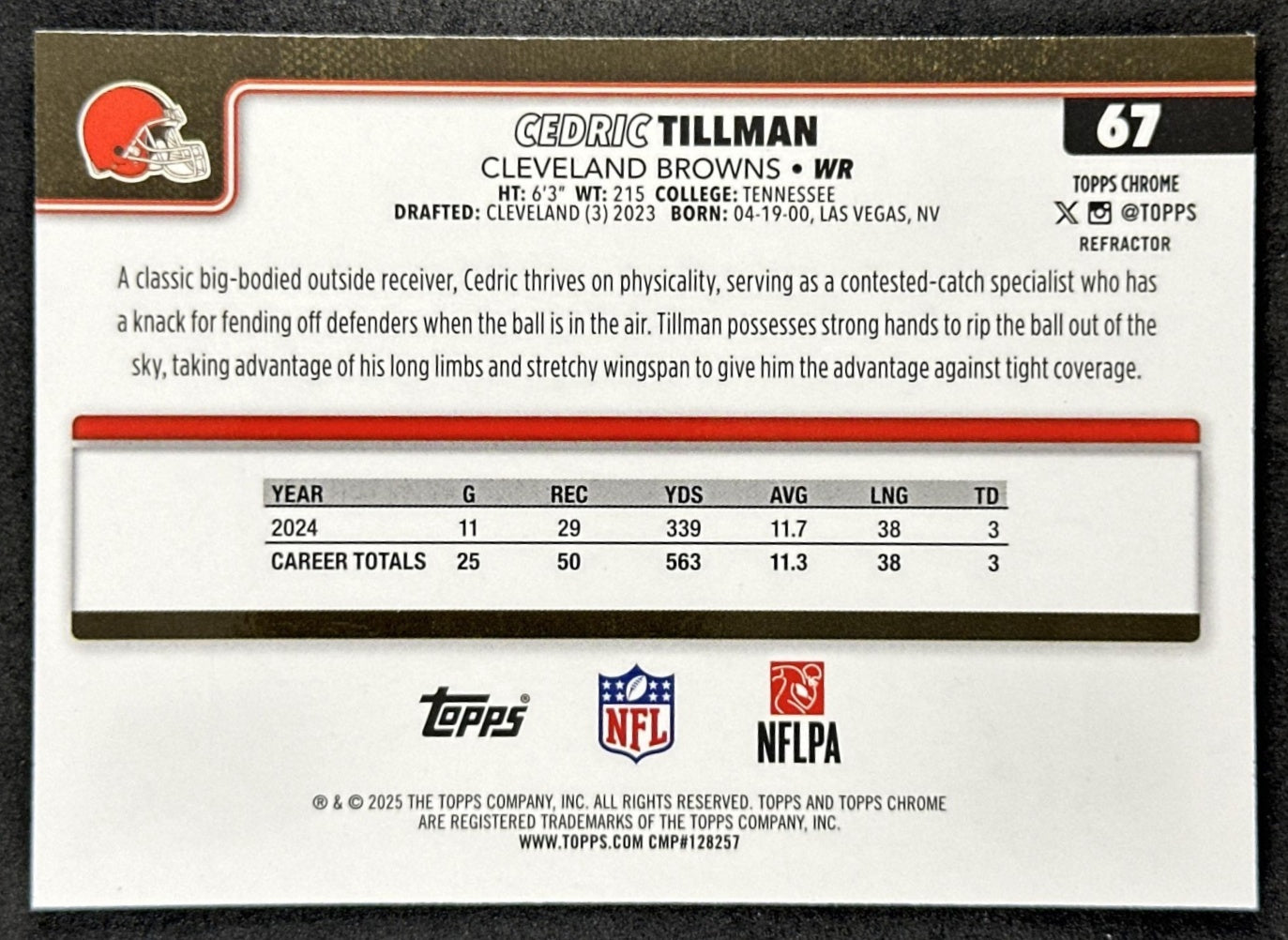 Cedric Tillman 2025 Topps Chrome Refractor Browns back sports trading card