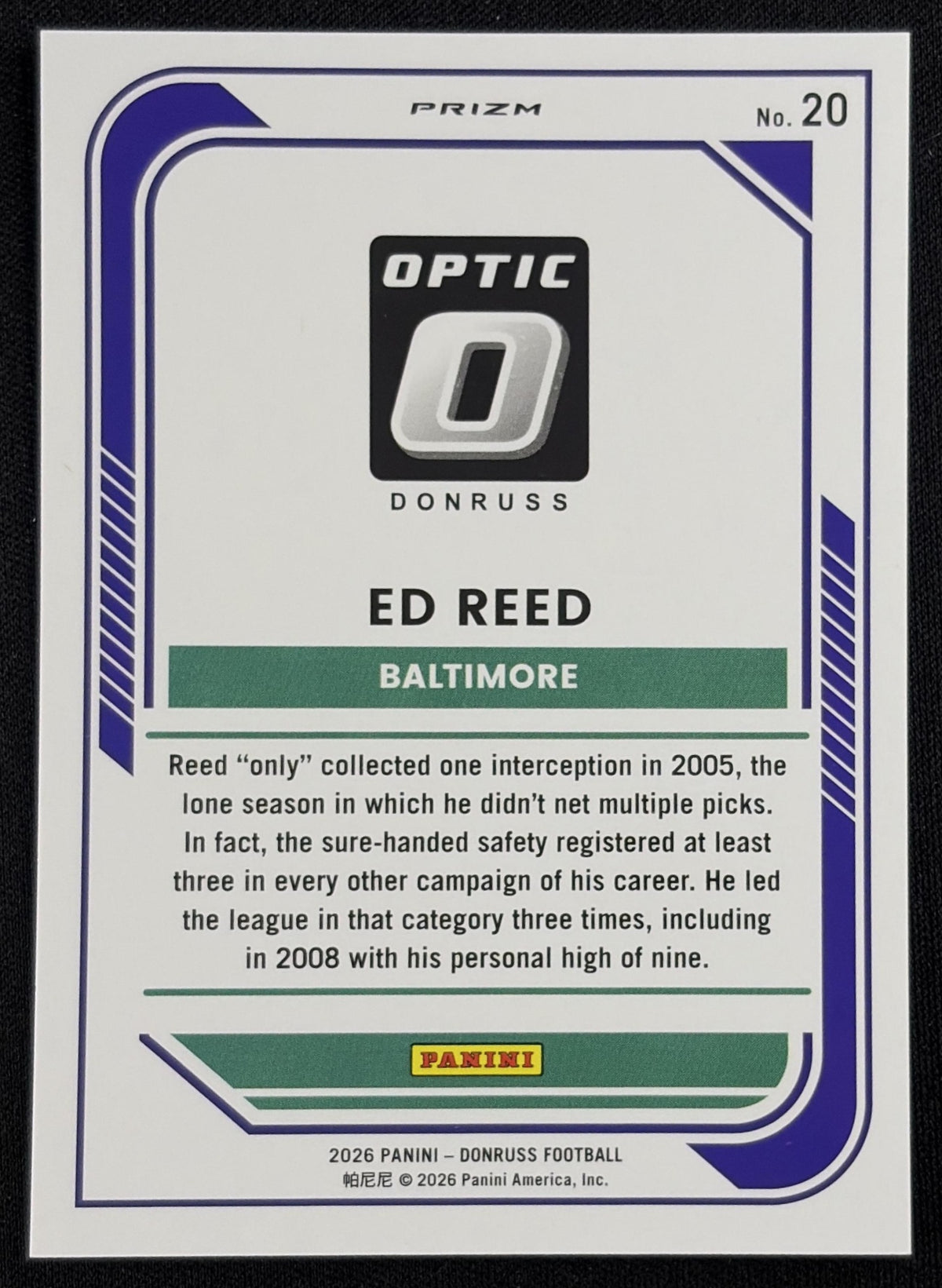 Ed Reed 2026 Panini Donruss Optic Purple Velocity Ravens