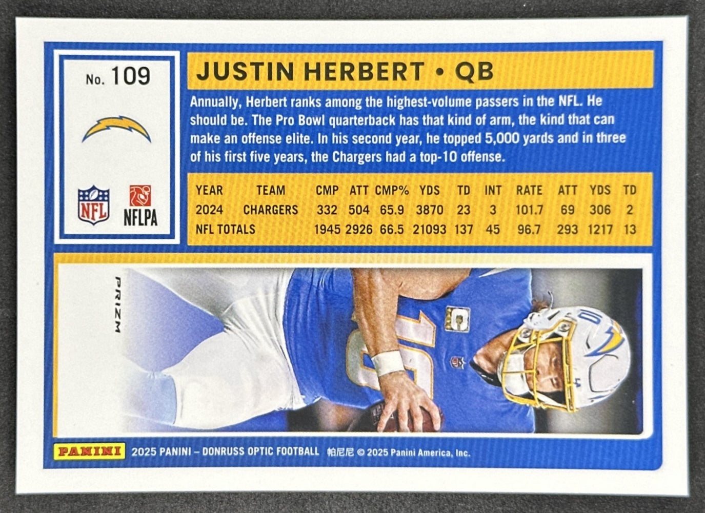 Justin Herbert 2025 Panini Donruss Optic Stars Prizm Chargers back