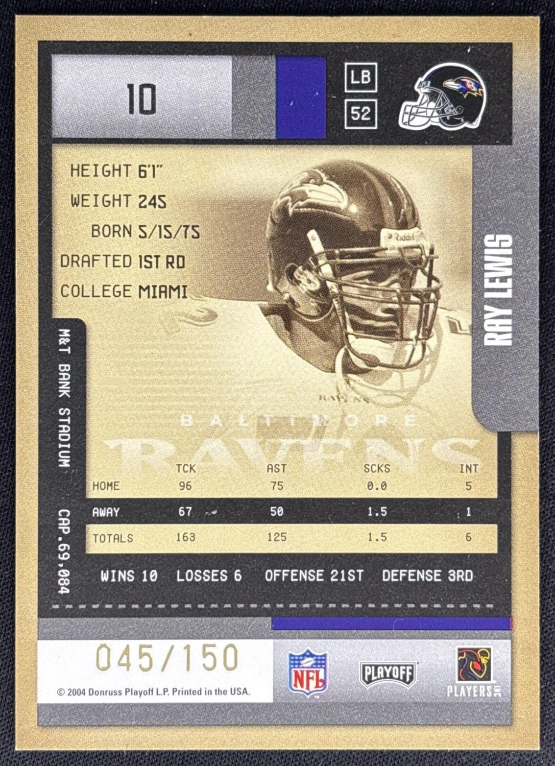 Ray Lewis 2004 Playoff Contenders Ticket /150 Ravens back