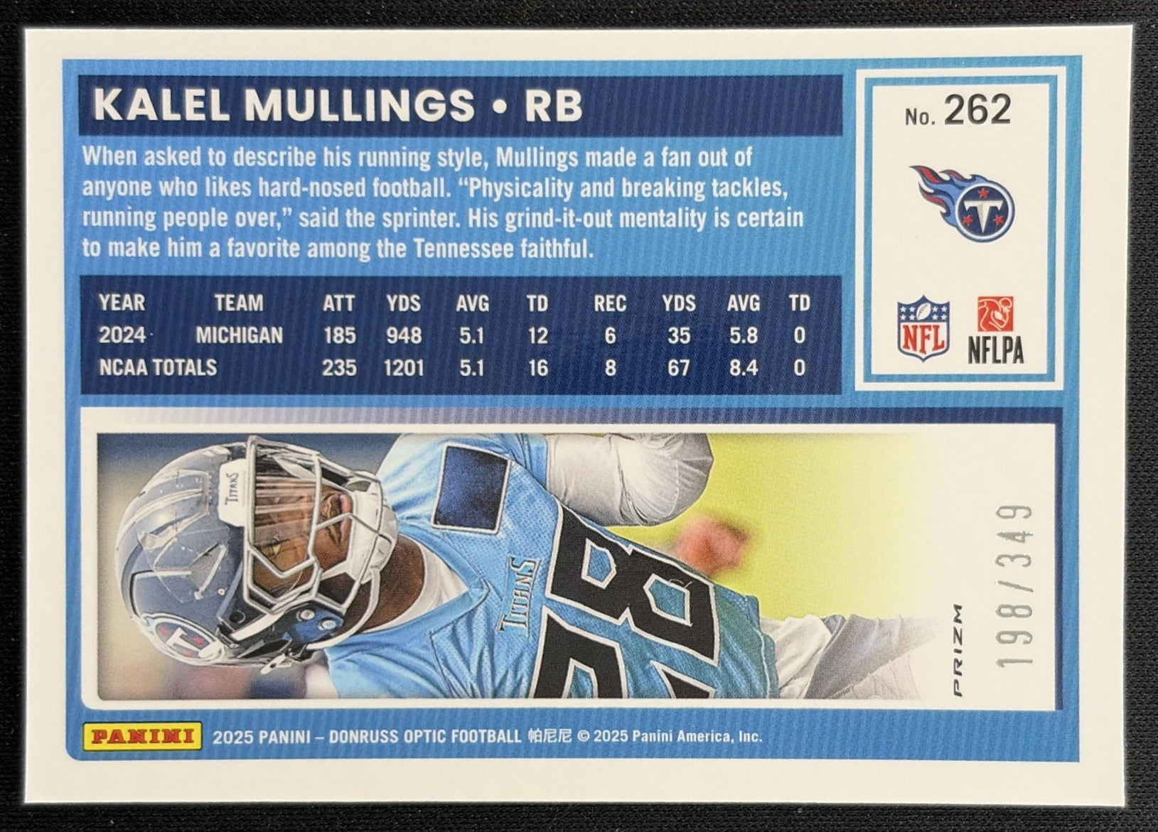 Kalel Mullings 2025 Panini Donruss Optic Rated Rookie Aqua Prizm /349 Titans Sports Trading Cards