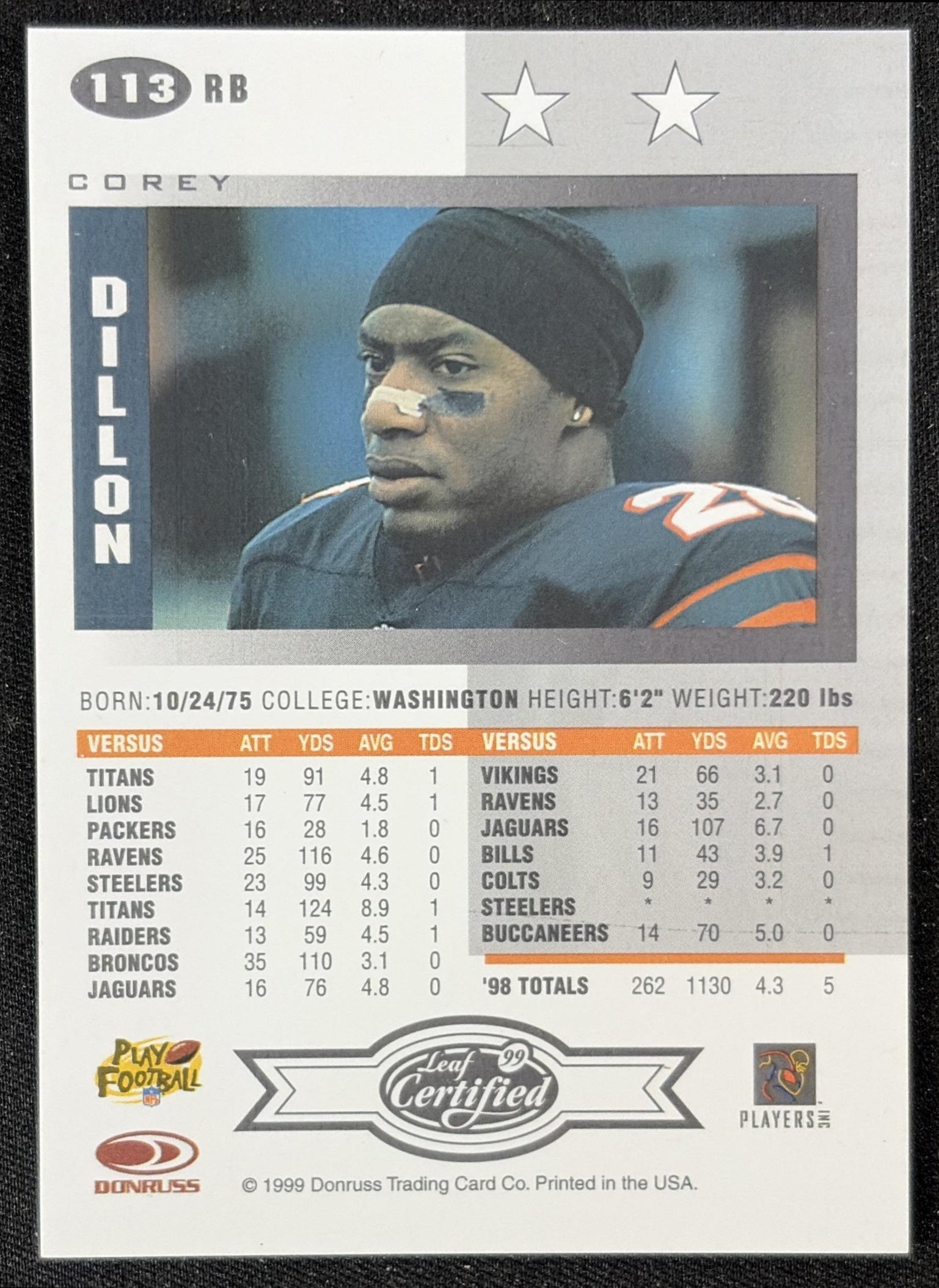 Corey Dillon 1999 Leaf Certified Bengals