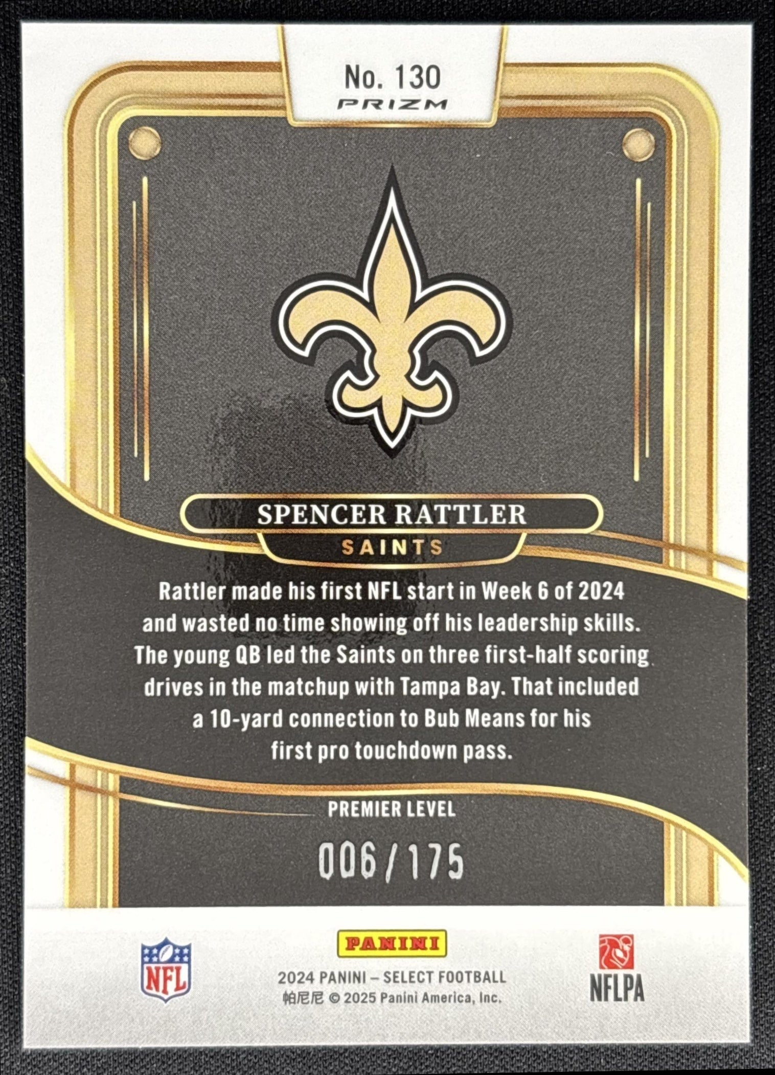Spencer Rattler 2024 Panini Select Premier Blue Prizm /175 Saints