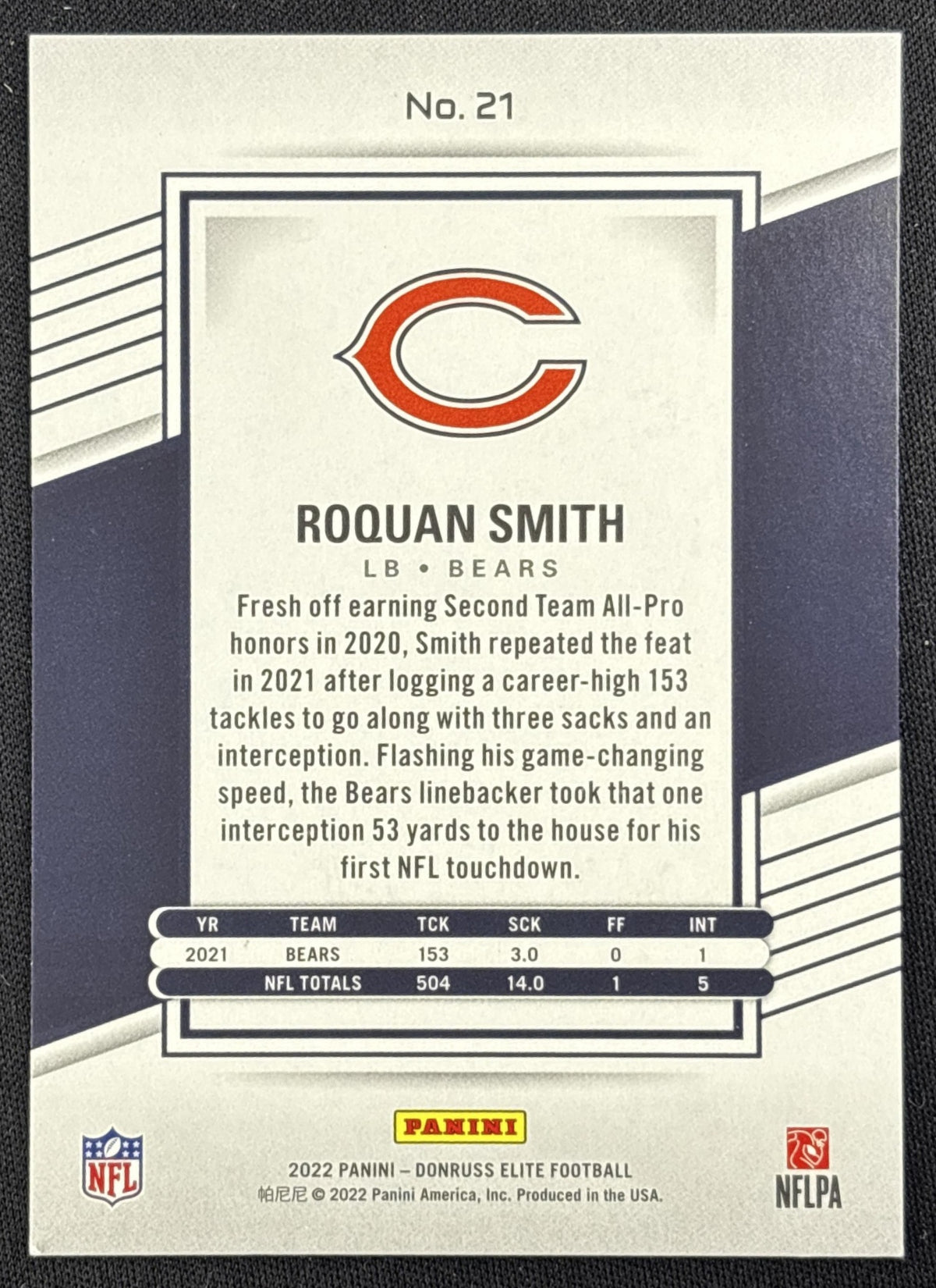 Roquan Smith 2022 Panini Donruss Elite Status Explosion /499 Bears