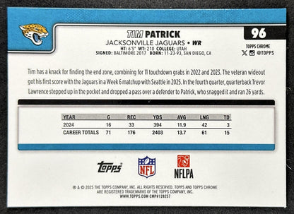Tim Patrick 2025 Topps Chrome Pulsar Refractor Jaguars back sports trading card